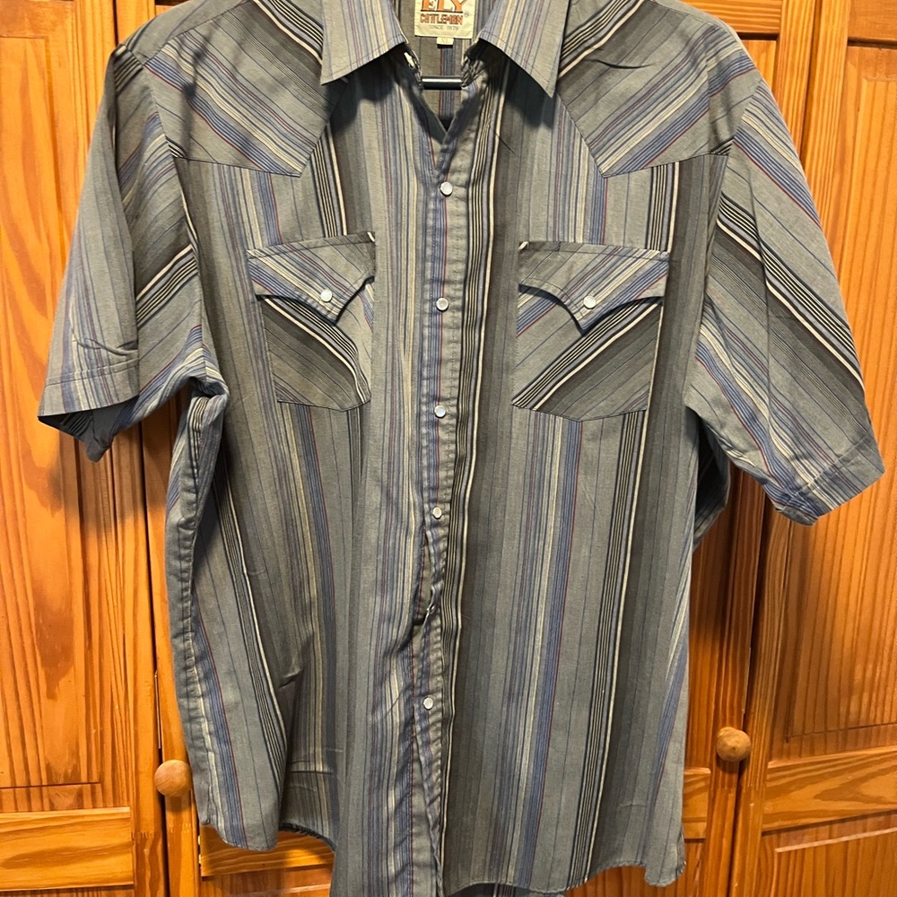 Ely Cattleman Grey Striped Short Sleeve Pearl Snap Shirt Size XL